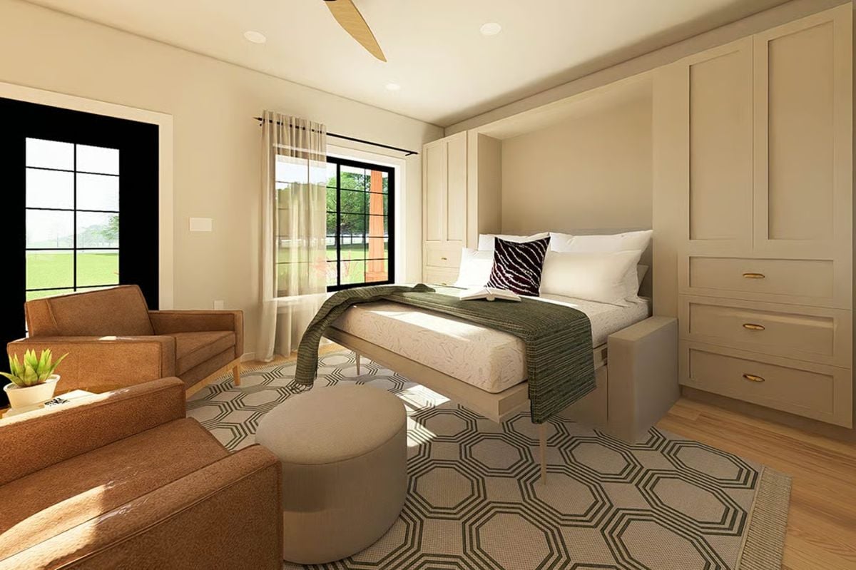 Soft Beige Bedroom with Built-In Storage and Geometric Accent Rug