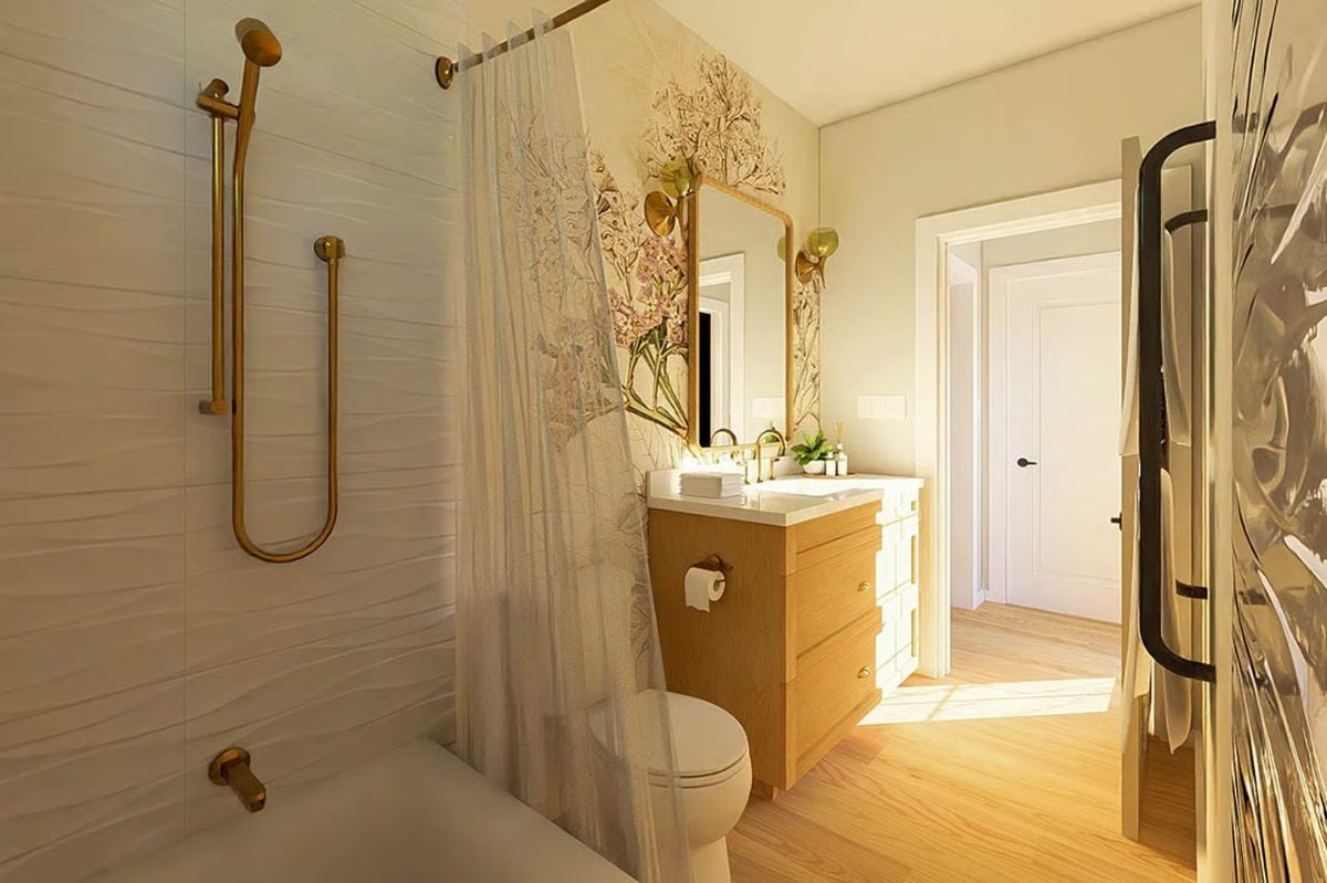 Gold Fixtures and Floral Wallpaper in Spa-Inspired Bathroom
