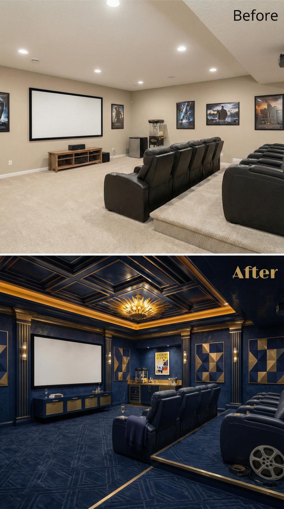 Coffered Navy and Gold Geometry Conquers Neutral Suburban Blankness