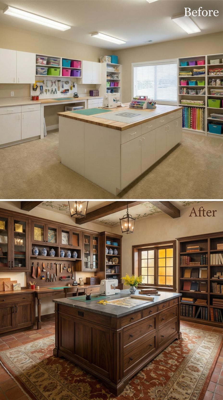 Stark White Cabinets Replaced by Walnut Library and Terracotta Tile