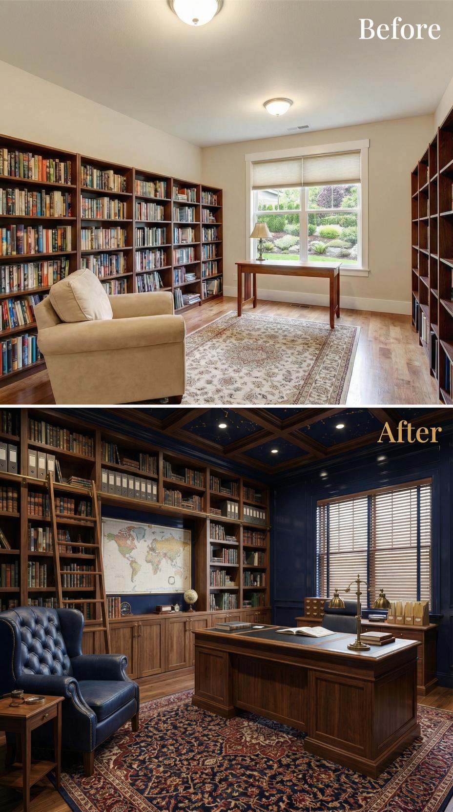 Navy Blue Paneling and Rolling Ladder Modernize Honey-Toned Starter Study