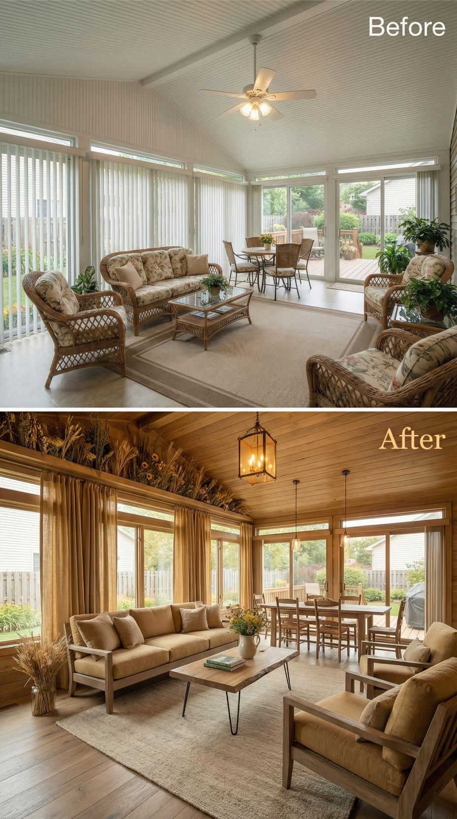 Wicker and Vertical Blinds Replaced by Horizontal Wood Planking and Lantern Pendants