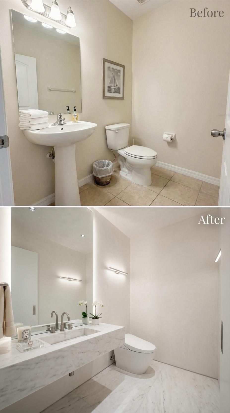 Pedestal and Beige Tile Exit for Marble Floating Vanity Minimalism
