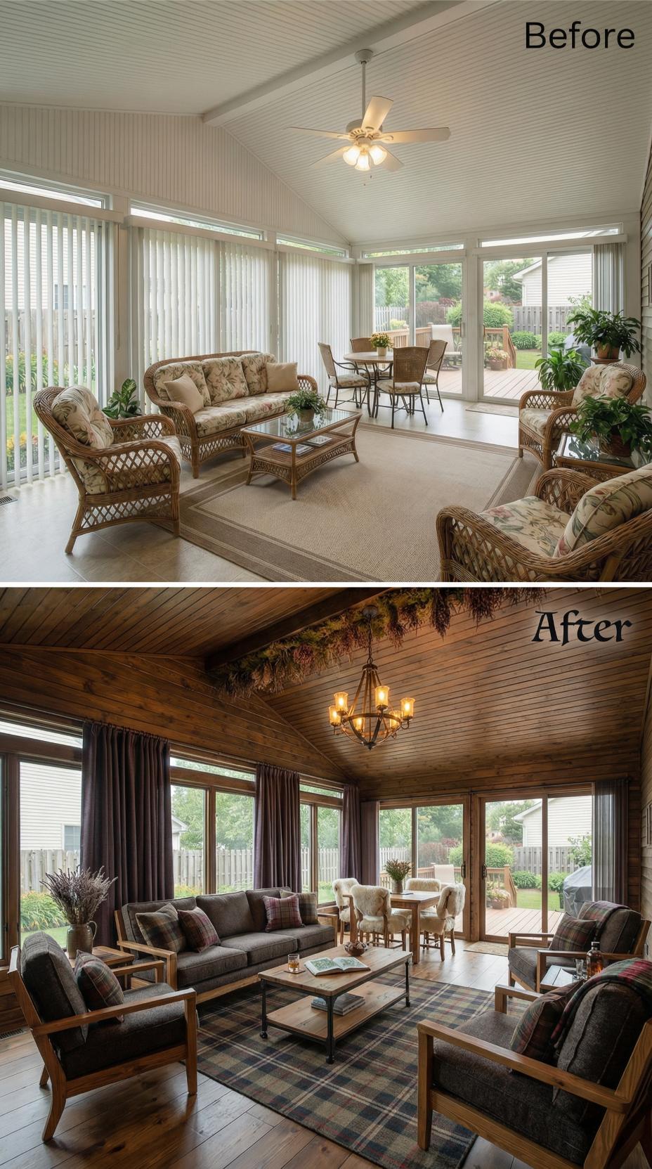 Light Wicker and Vertical Slats Replaced by Walnut Planks and Plaid Rug