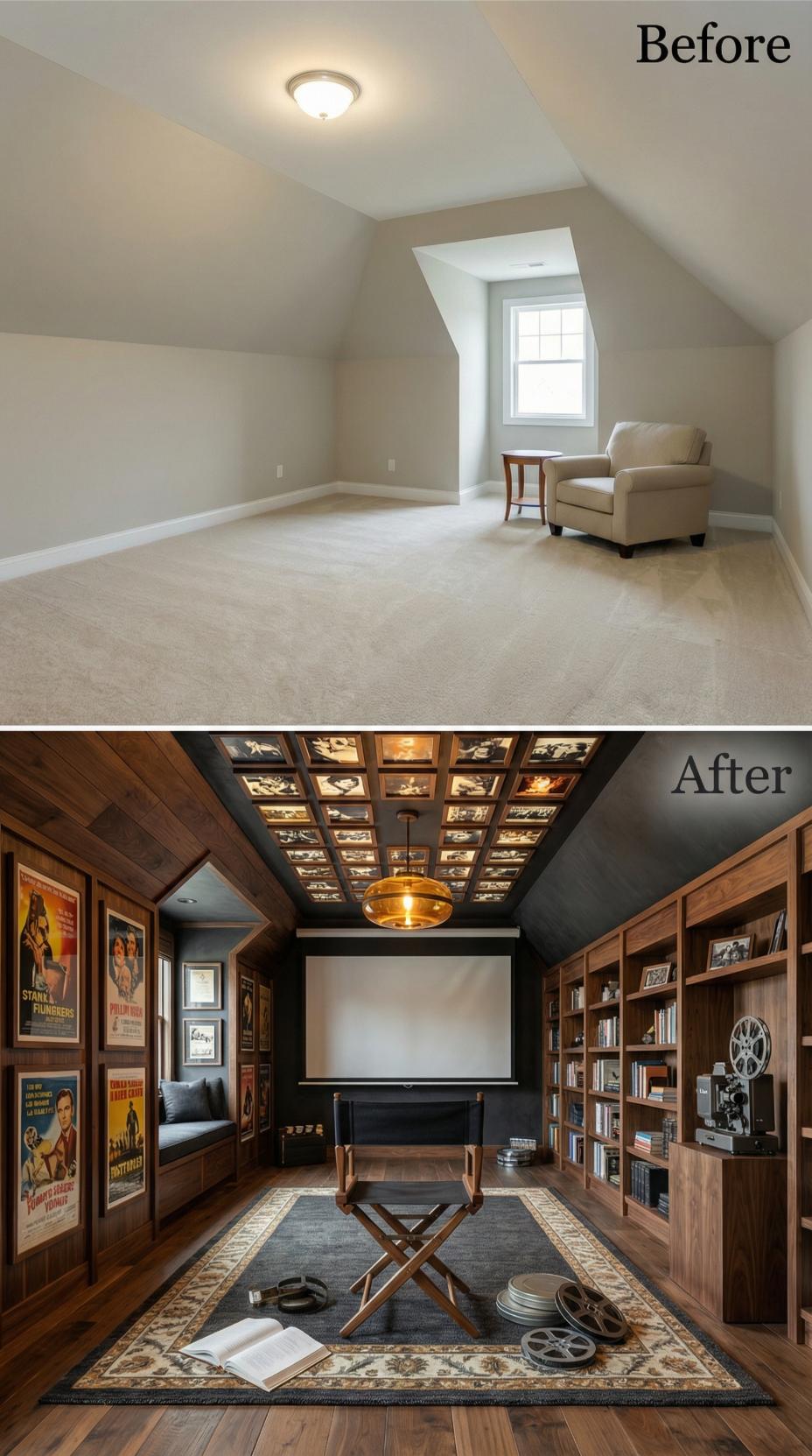 Backlit Film Reel Ceiling Grid Above Home Theater with Walnut Shelving