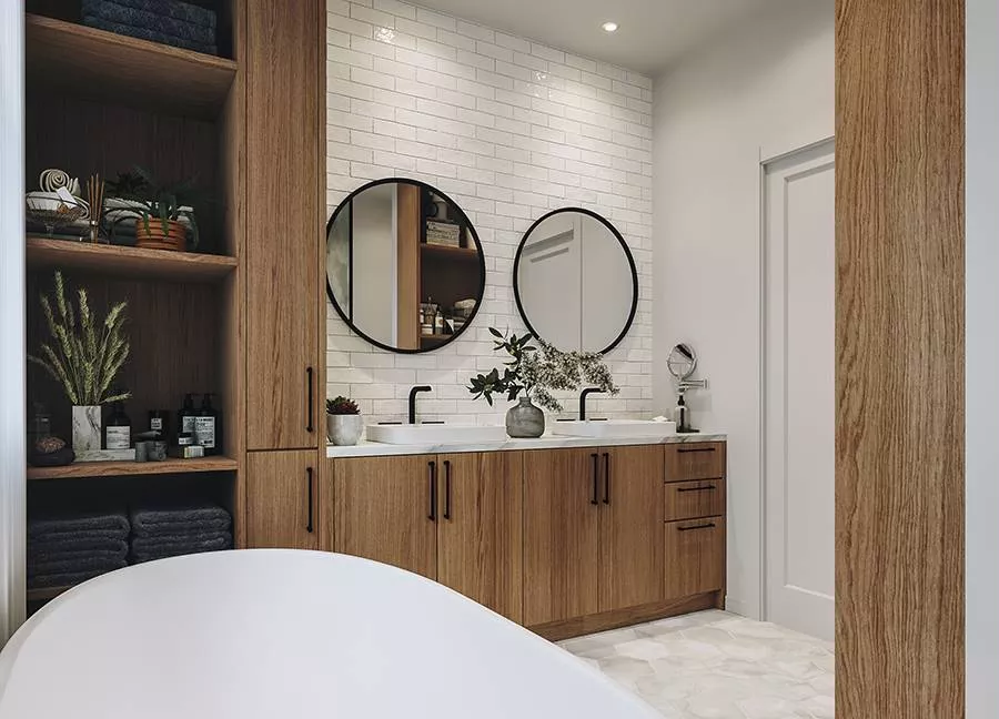 Subway Tile Wraps the Vanity Wall While Wood Shelving Carves Storage Into Dead Space