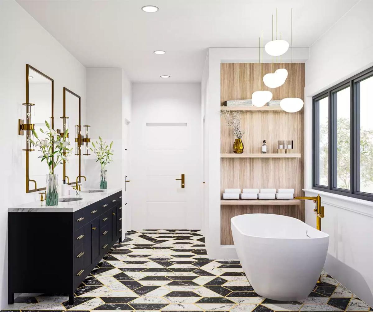 Luxe Bathroom with Geometric Marble Flooring and Freestanding Soaking Tub