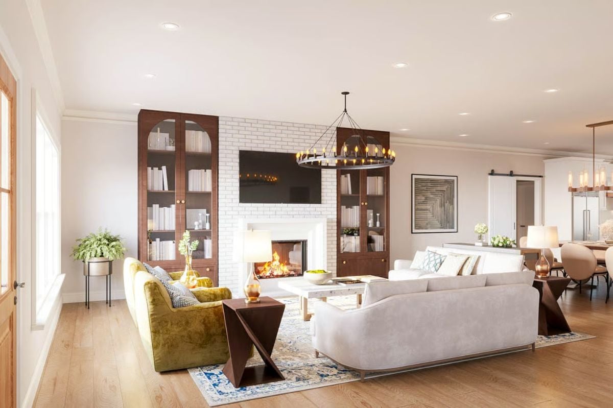 Living Room with White Brick Fireplace and Dark Wood Built-ins