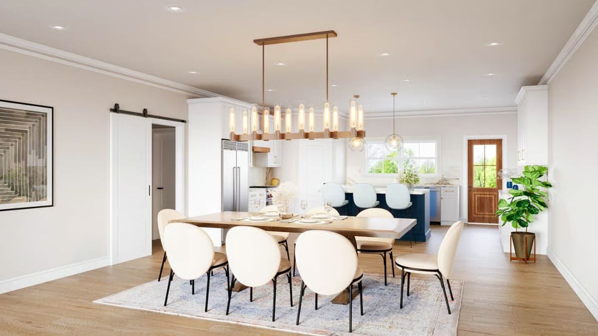 Dining Room with Modern Chandelier and Open Kitchen Connection