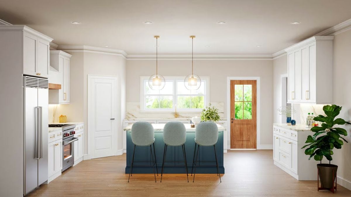 Bright Kitchen with Blue Island and Glass Globe Pendant Lights