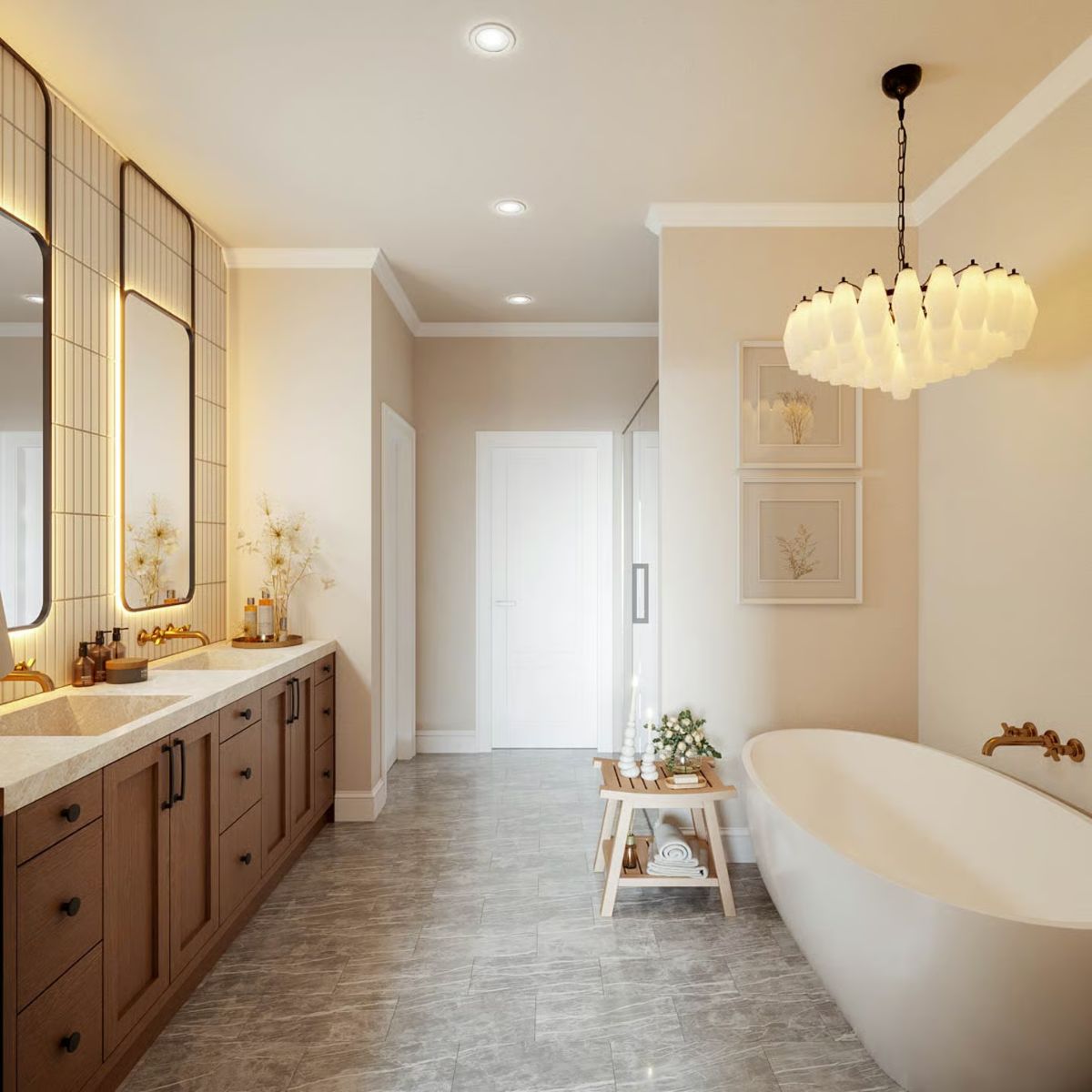 Spa-Inspired Bathroom with Freestanding Tub and Statement Chandelier