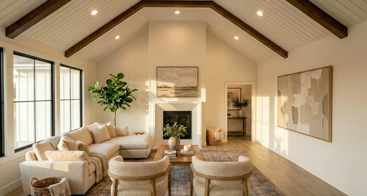 Vaulted Living Room with Exposed Beams and Fireplace Focal Point