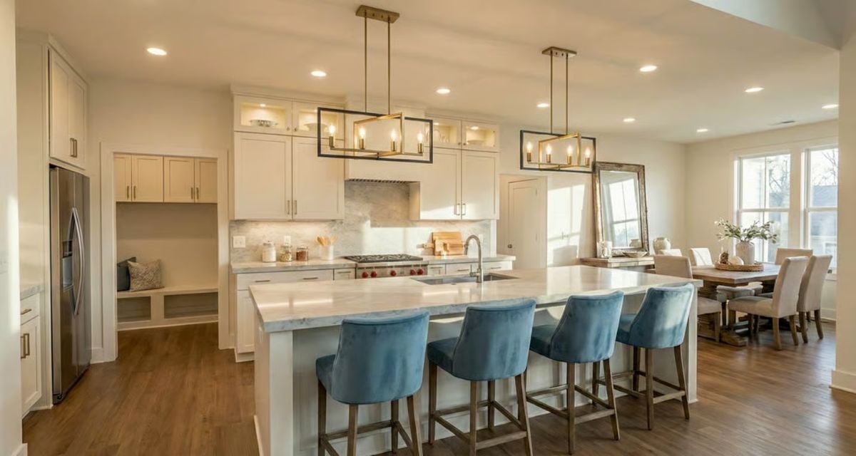 Kitchen and Dining Area with Island Seating and Pendant Lighting