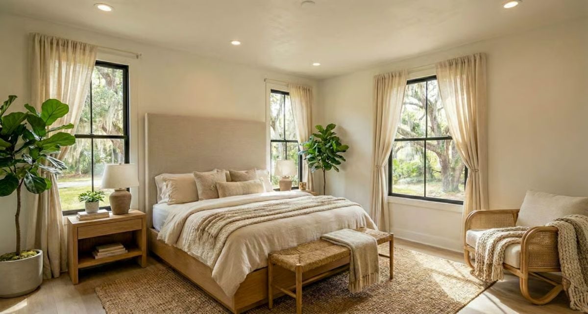 Serene Primary Bedroom with Natural Textures and Black-Framed Windows
