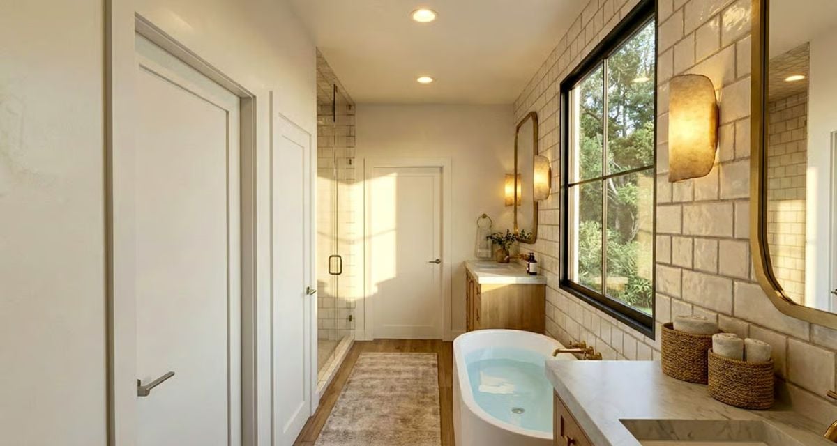 Spa-Inspired Primary Bathroom with Freestanding Tub and Subway Tiles