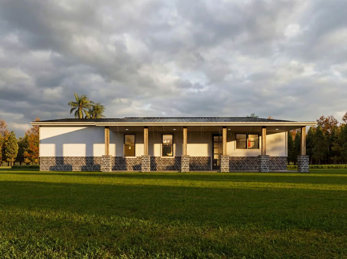 White Stucco and Brick Banding Create a Horizontal Line That Anchors the House