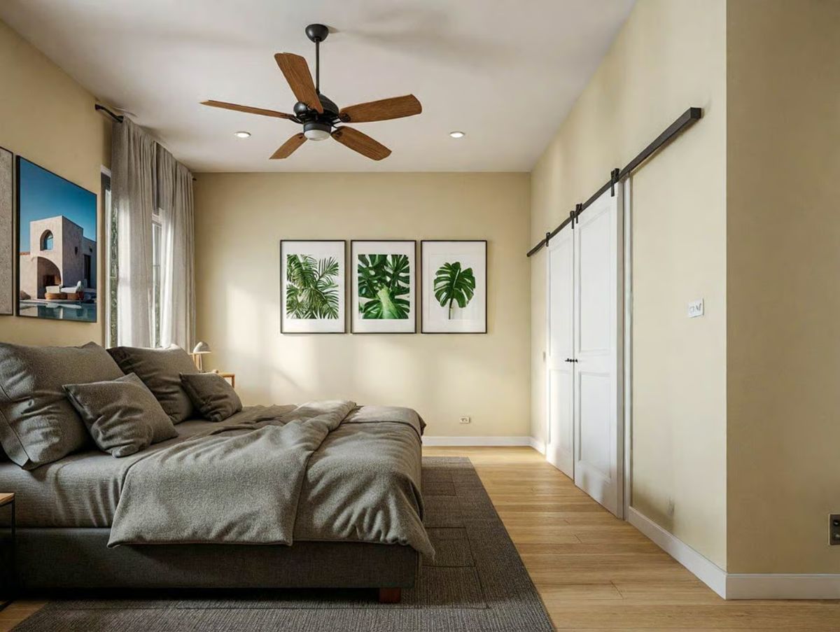 Botanical Triptych Over the Bed Frames the View Without Competing With It