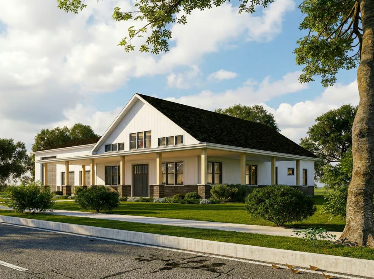 White Farmhouse with Dark Roof and Full-Width Covered Porch