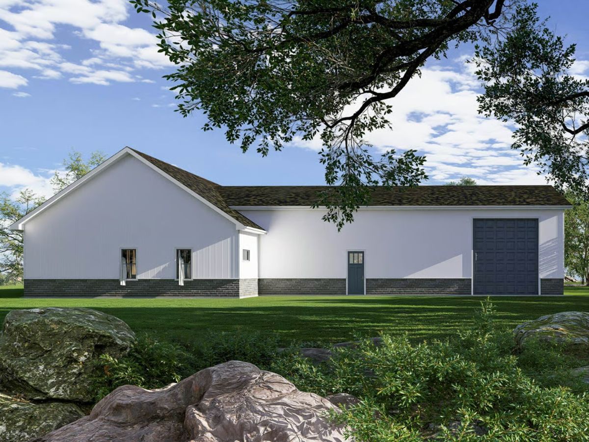 Modern Barndominium Exterior with Dark Brick Wainscoting and Attached Garage