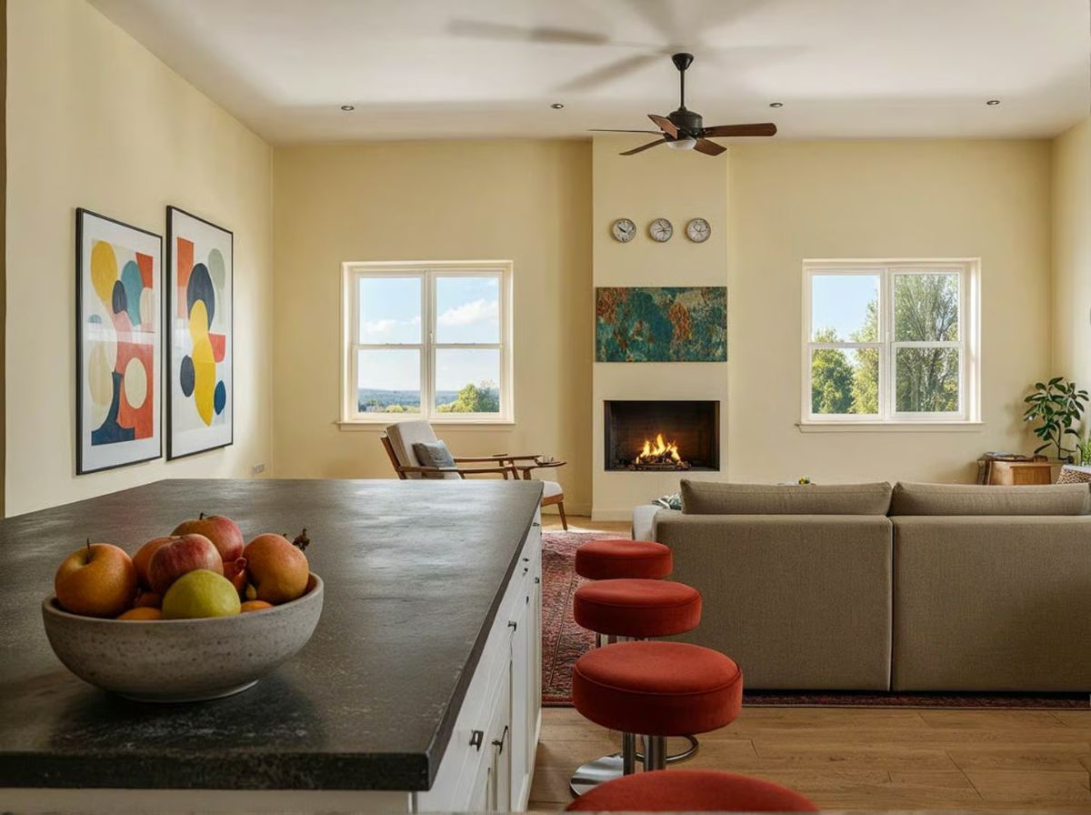 Open Living Room with Fireplace and View-Framing Windows