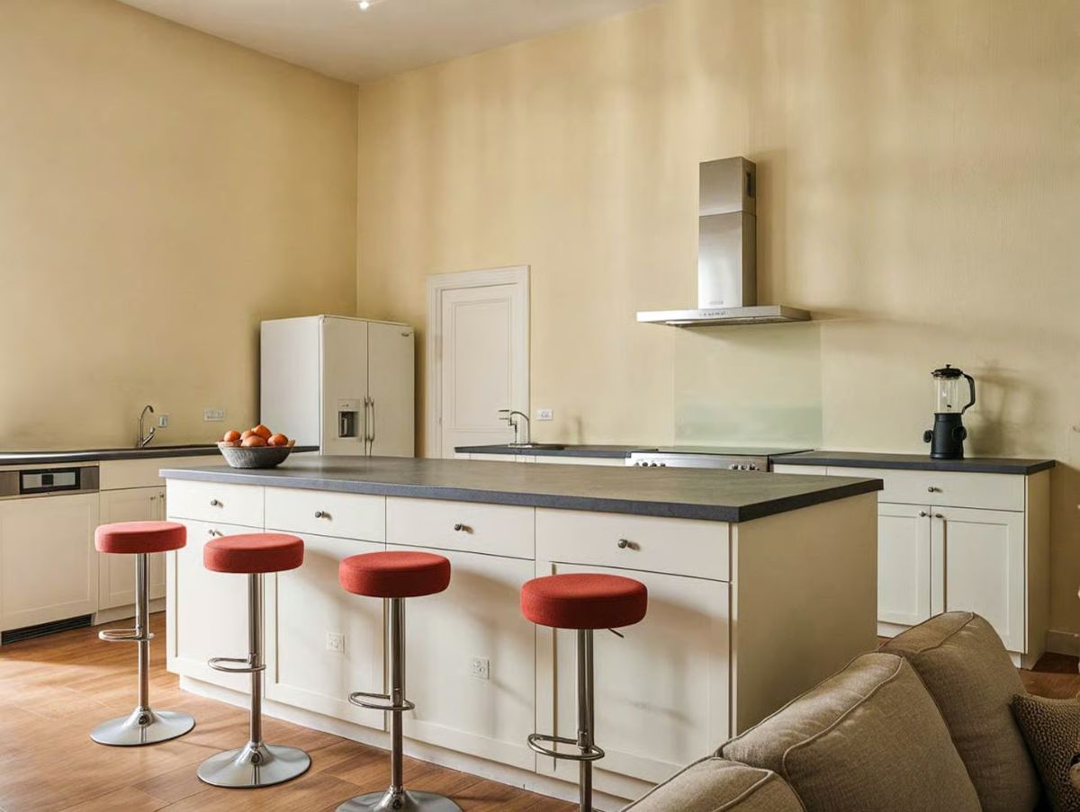 Open-Concept Kitchen with Island Seating and Neutral Palette