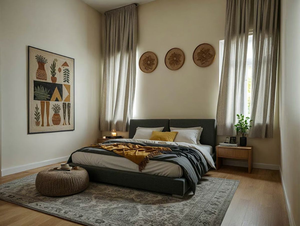 Bedroom with Woven Wall Art and Earth-Toned Layered Bedding