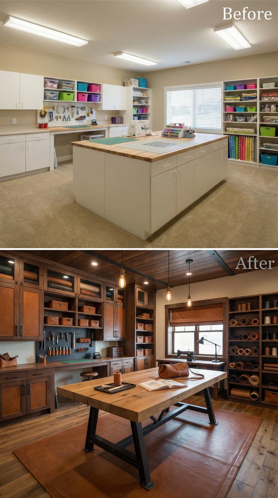 Fluorescent Craft Grids Replaced by Wood Ceiling and Leather Craftsman Table