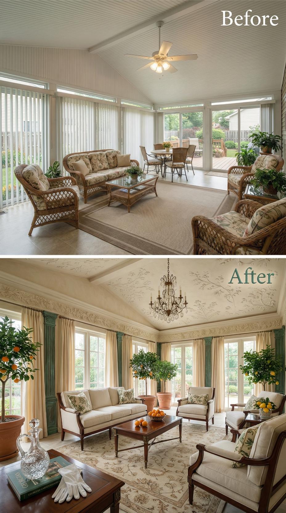 Corrugated Vinyl Panels Outfitted with Wallpapered Tray Ceiling and Crystal Chandelier