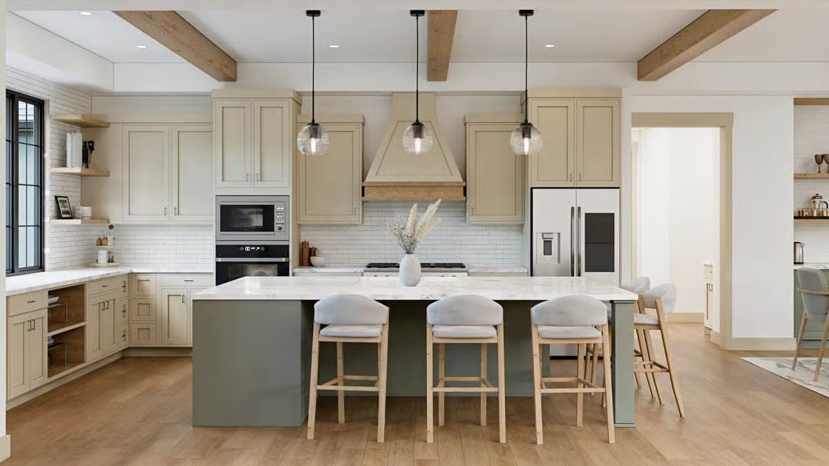 Open-Concept Kitchen with Sage Island and Natural Wood Accents