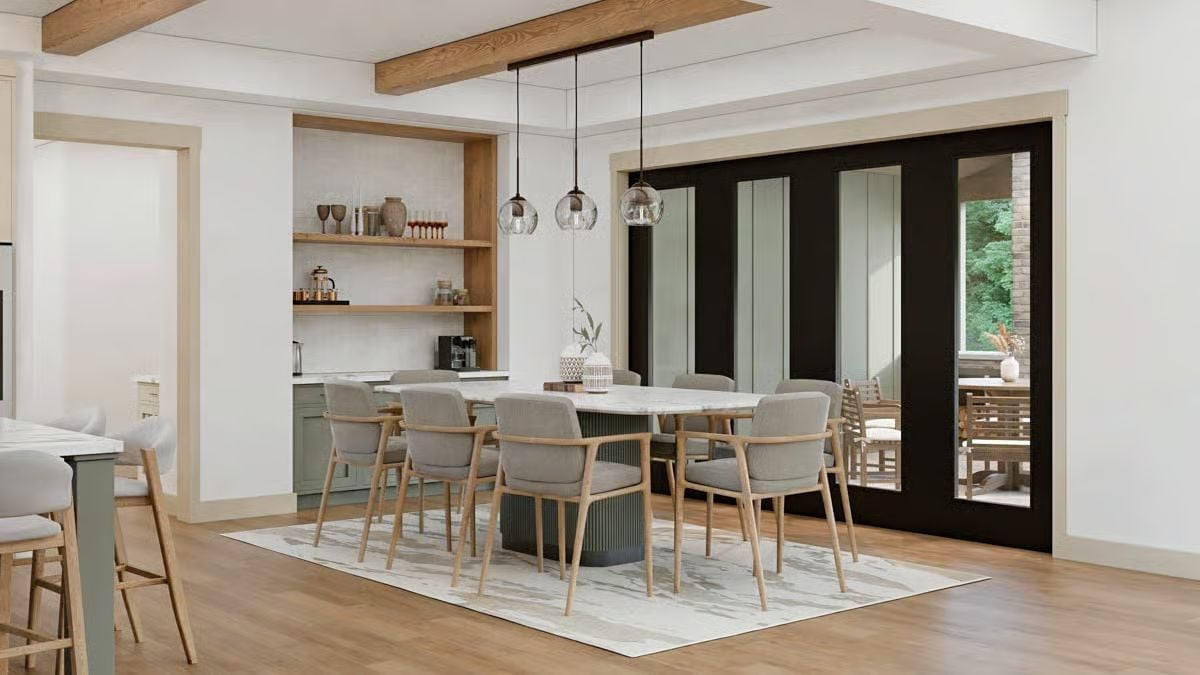 Dining Room with Sage Chairs and Glass Globe Pendants