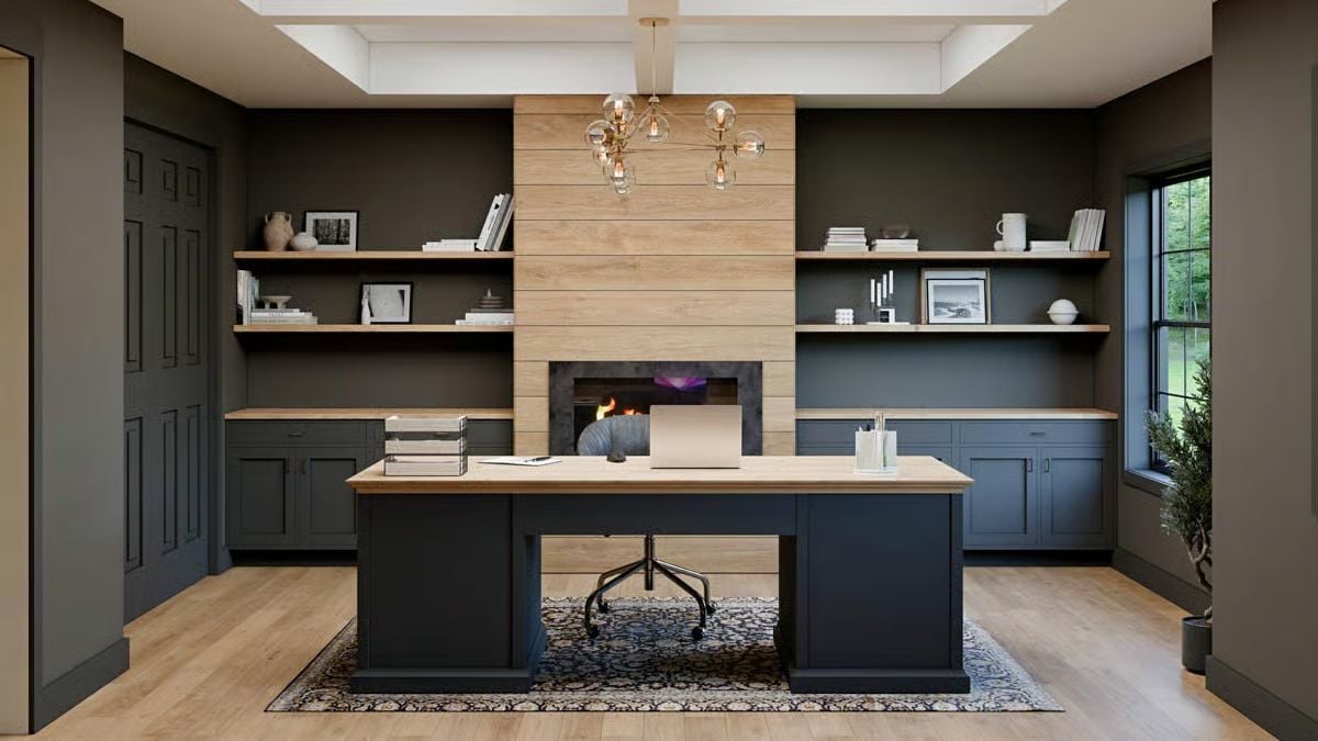 Home Office with Dark Built-Ins and Horizontal Wood Fireplace Wall