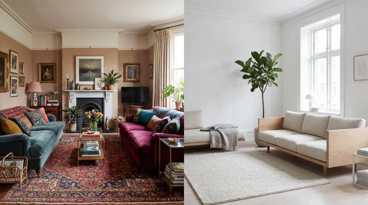 Two contrasting room styles side by side