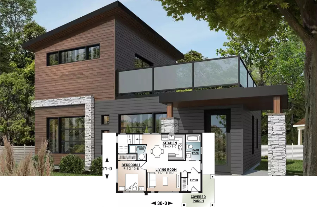 Contemporary-Style 2-Bedroom Home with Balcony and Covered Front Porch (Floor Plan)