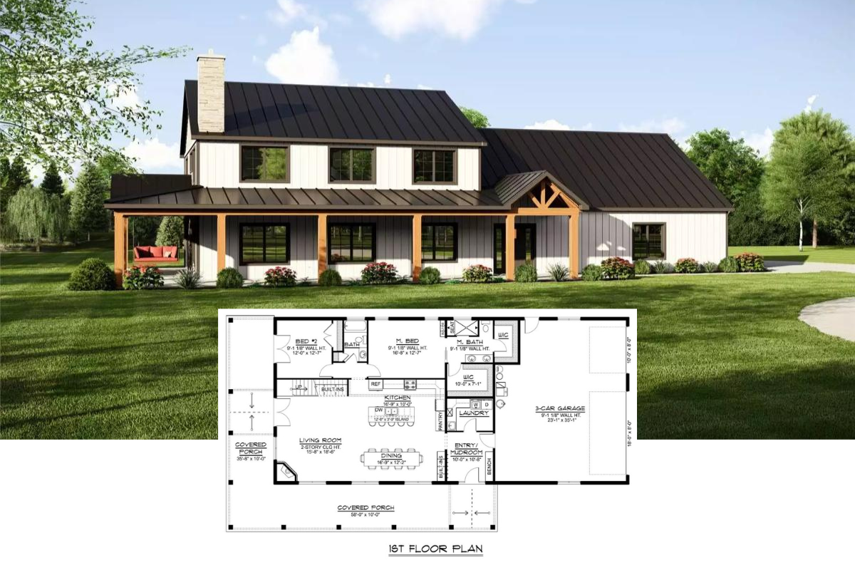 5-Bedroom Barndominium-Style Home with Loft and Wraparound Porch (Floor Plan)