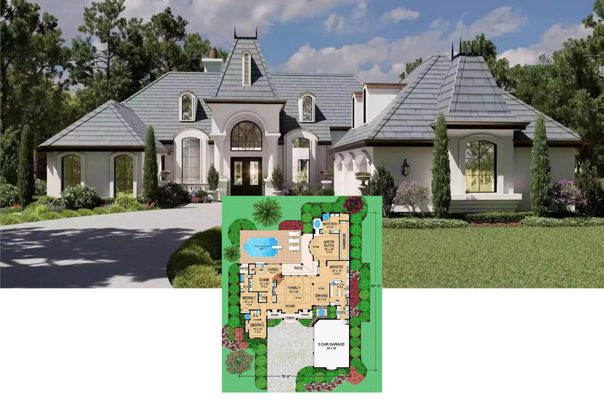 3-Bedroom European-Style Home for a Corner Lot with Covered Porches and 3-Car Side-Entry Garage (Floor Plan)