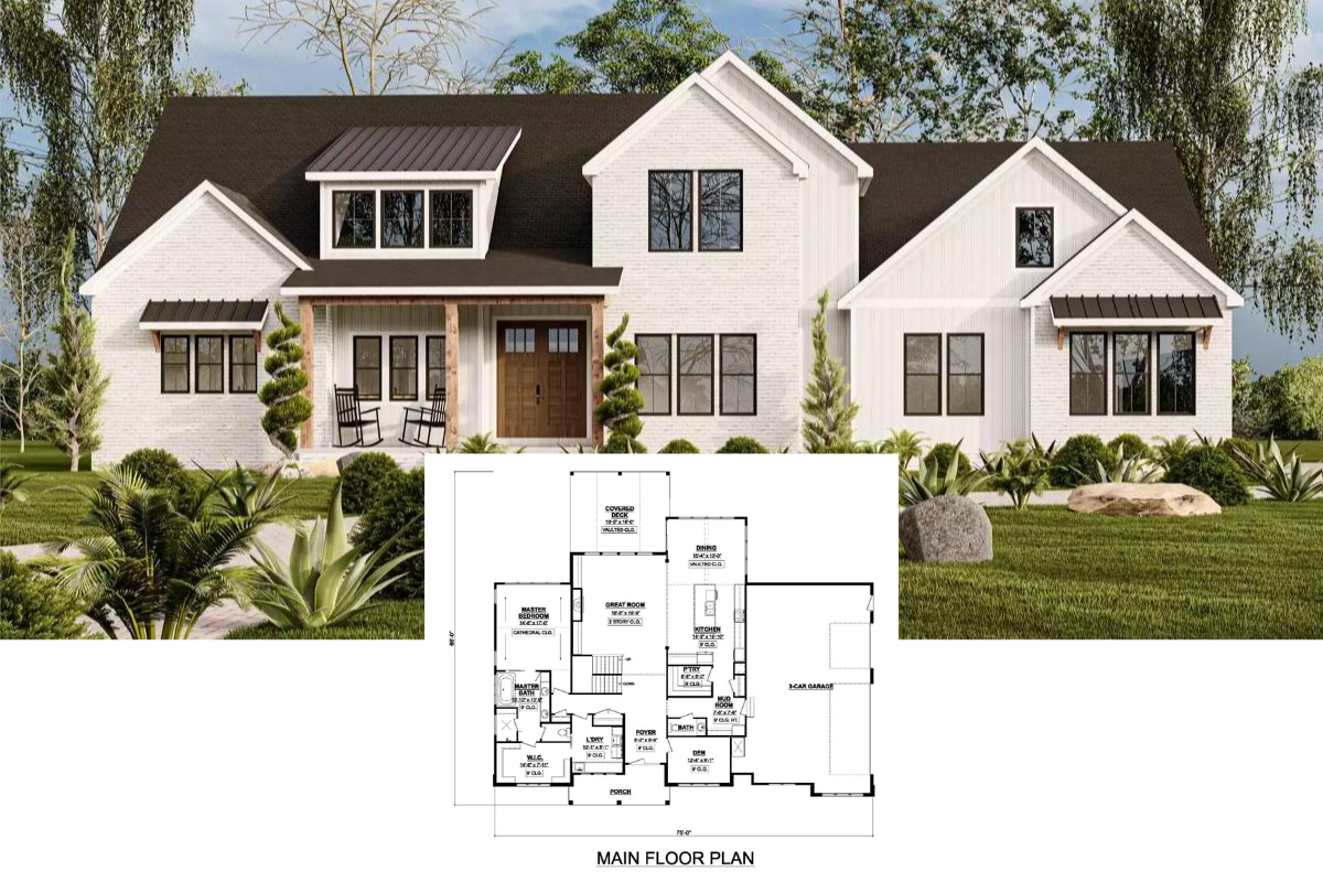 Country Farmhouse-Style 4-Bedroom Home for a Sloping Lot with Open-Concept Living and Finished Basement (Floor Plan)