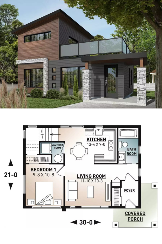 Contemporary-Style 2-Bedroom Home with Balcony and Covered Front Porch ...
