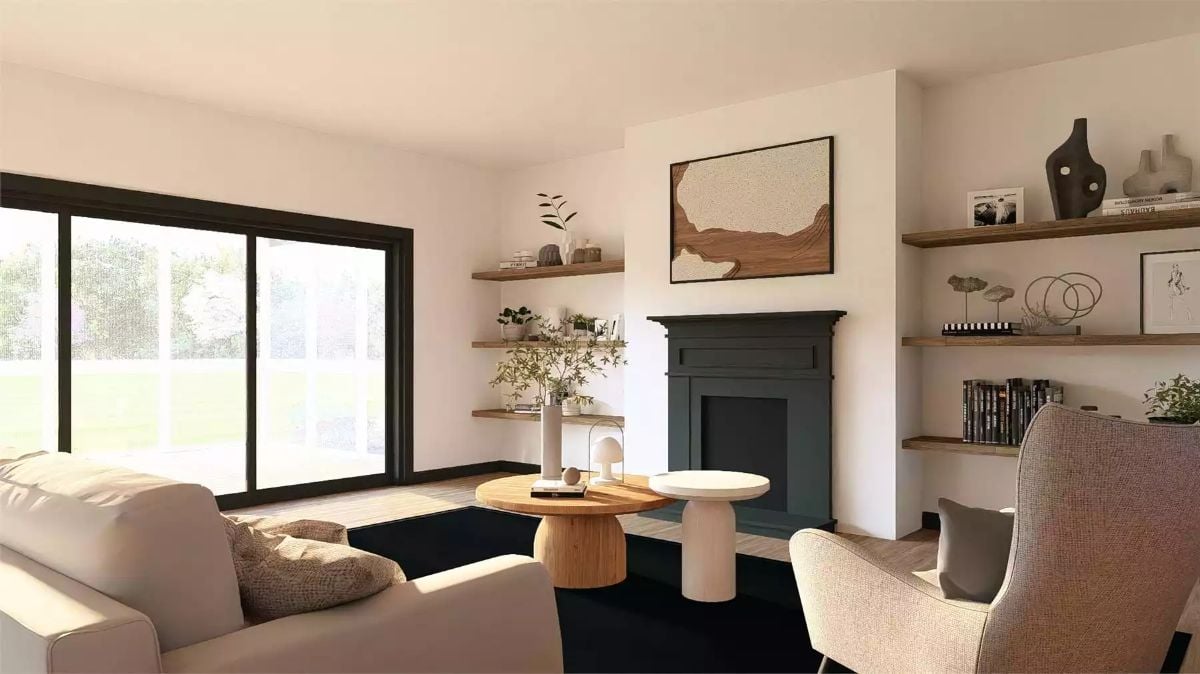 Natural Light Fills Modern Living Room with Black-Framed Fireplace