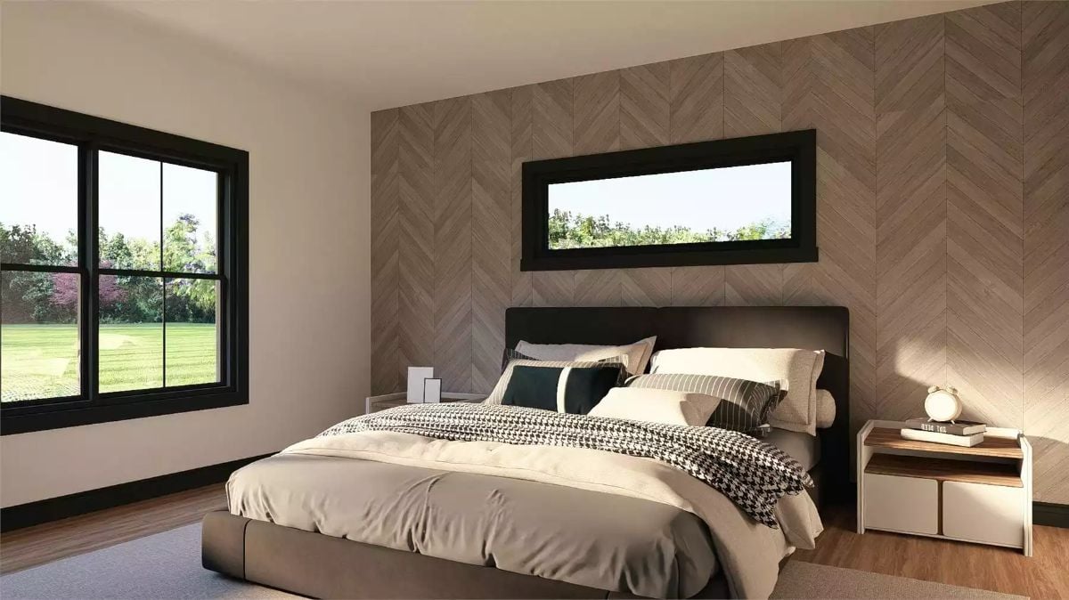 Herringbone Wood Accent Wall Frames Platform Bed in Serene Bedroom
