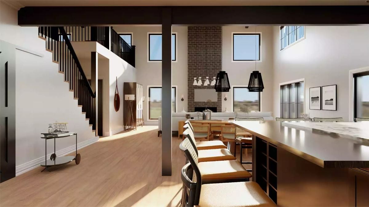Open-Concept Living with Double-Height Ceilings and Exposed Brick