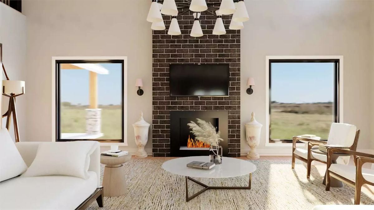 Living Room with Brick Fireplace and Symmetrical Prairie Views