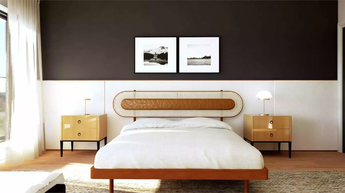 Bedroom with Cane Headboard and Matching Oak Nightstands