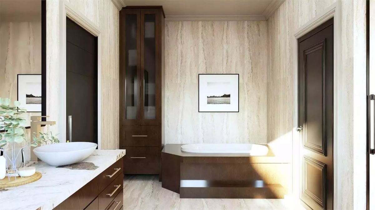 Luxury Bathroom with Marble Walls and Freestanding Soaking Tub