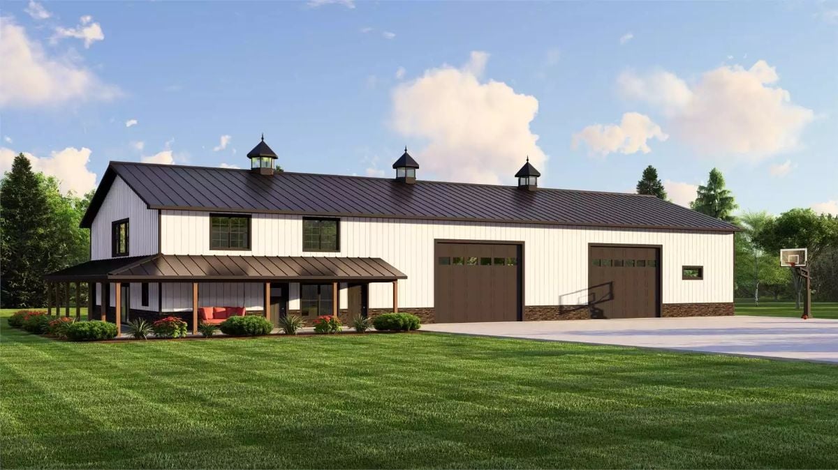 Barndominium-Style 3-Bedroom Parliment Heights with 4-Car Garage and Wraparound Porch (Floor Plan)