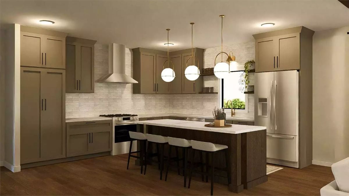 Modern Kitchen with Taupe Shaker Cabinets and Globe Pendant Lights