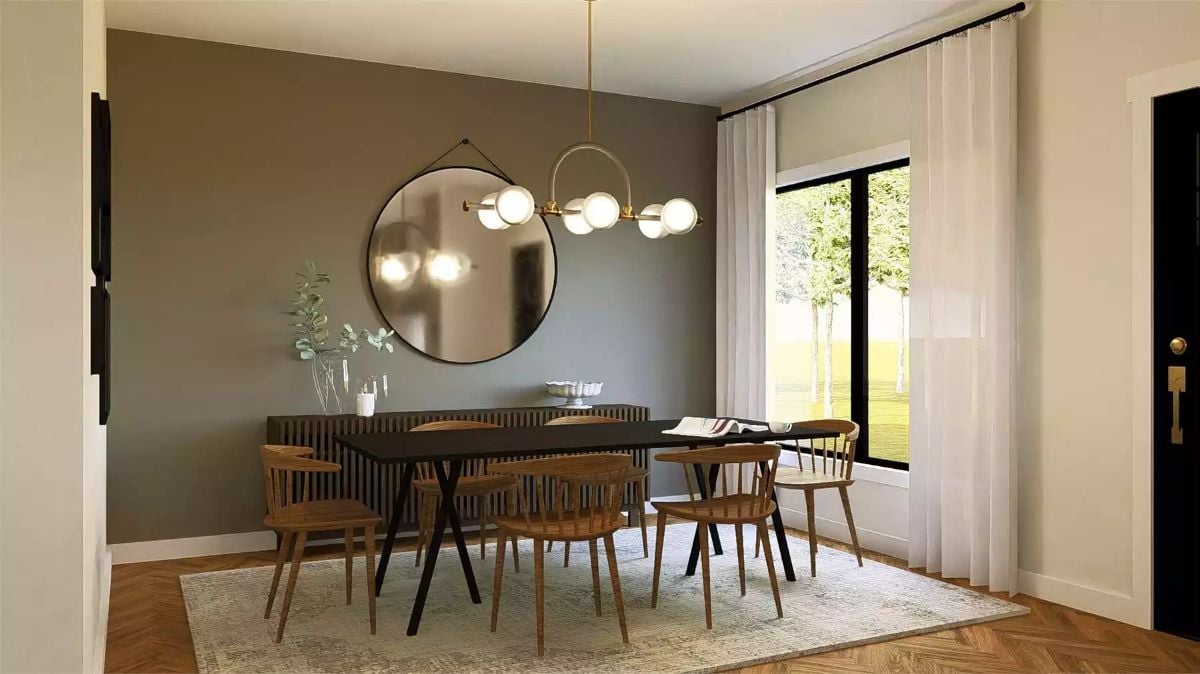 Dining Room with Mid-Century Chairs and Brass Globe Chandelier