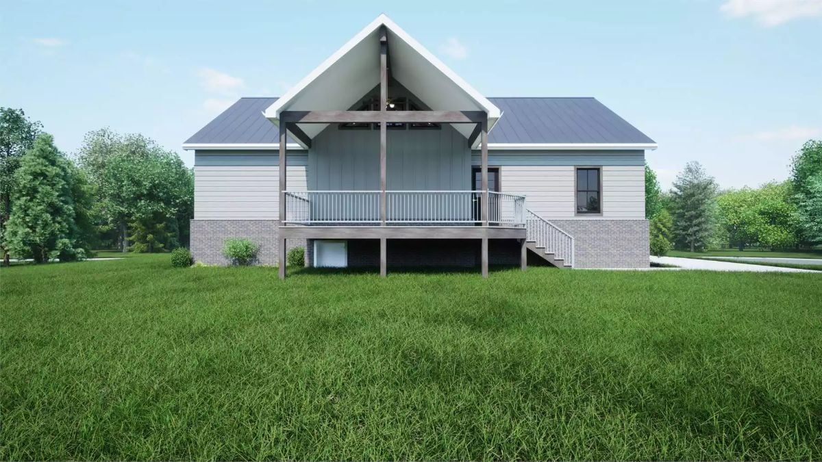 Elevated Rear Deck with Dramatic Gable Roof and Open Countryside Views