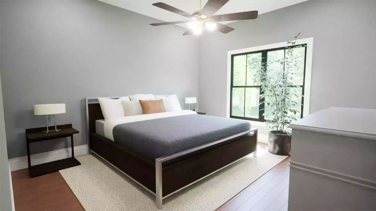 Minimalist Bedroom with Dark Wood Platform Bed and Black-Framed Window