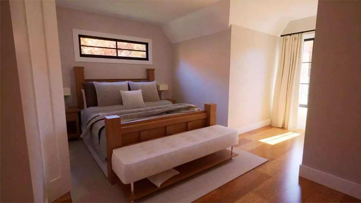 Primary Bedroom with Wood Platform Bed and Vaulted Ceiling