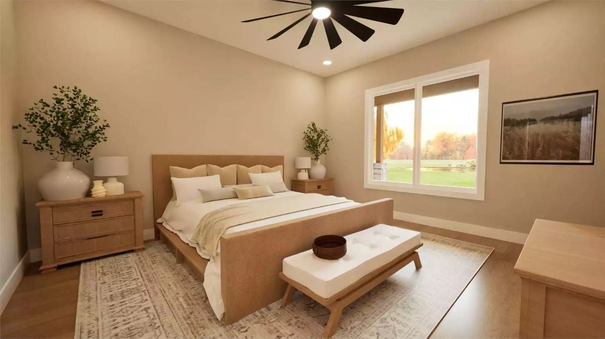 Warm Neutrals and Natural Wood Define This Serene Primary Bedroom
